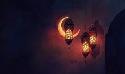 Obraz premium Islamic background with Arabic lanterns, crescent moon, and mosque. AI generated illustration.