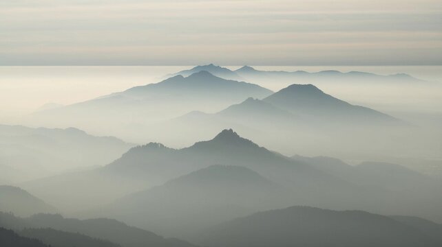 A vast mountain range covered in soft mist