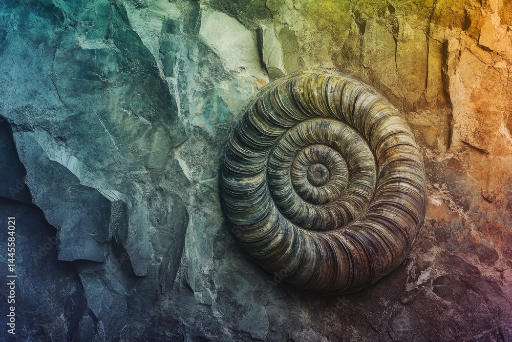 Poster a fossilized ammonite embedded in a textured rock face, showcasing intricate spiral details and geol