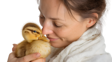 Mother and child with a baby duckling, gentle and nurturing moment, isolated on white background