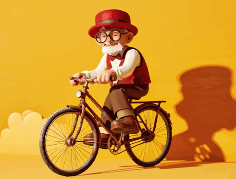 illustration of a stylish elderly man riding an antique bicycle
