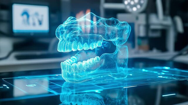 A glowing holographic dental jaw rotates above a sleek touchscreen table in a high tech clinic. Concept of futuristic digital dentistry and medical innovation.