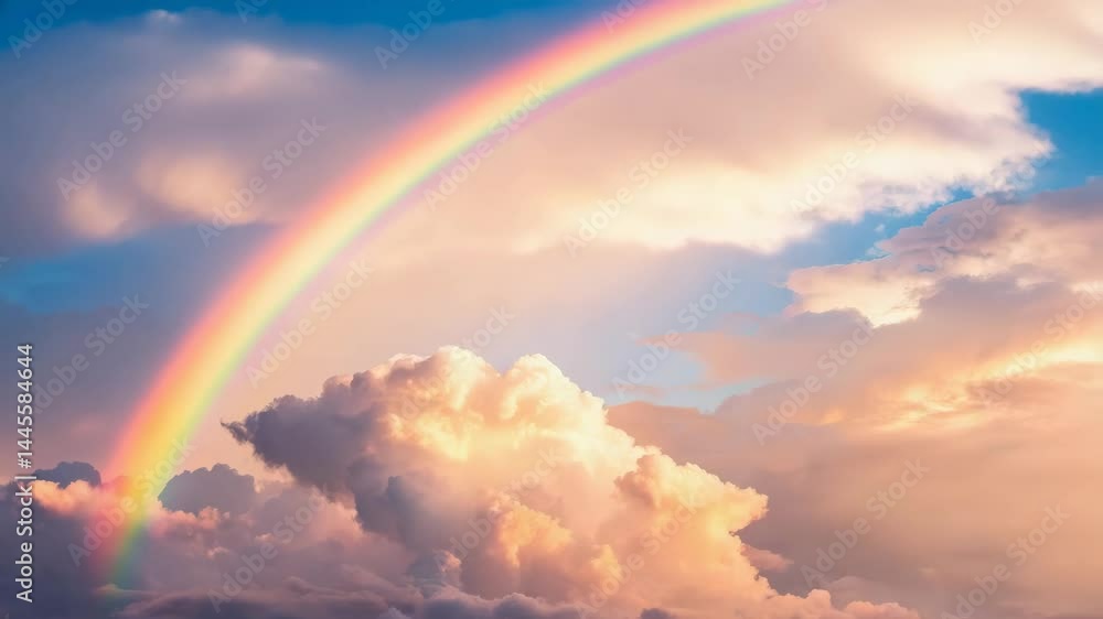 Poster a vibrant rainbow arcs across fluffy clouds, illuminated by soft sunlight, creating a tranquil and p