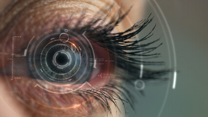 A detailed close-up of the human retina illuminated by a holographic display, projecting real-time data and interactive visual elements.