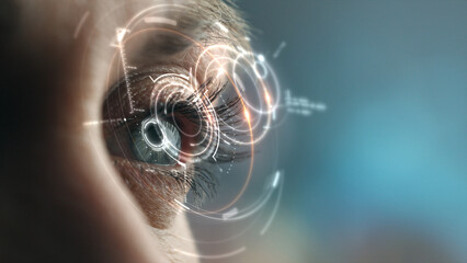 A detailed close-up of the human retina illuminated by a holographic display, projecting real-time...