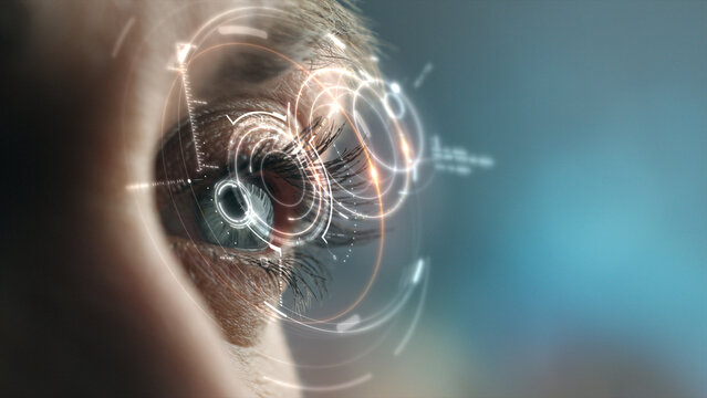 A detailed close-up of the human retina illuminated by a holographic display, projecting real-time data and interactive visual elements.