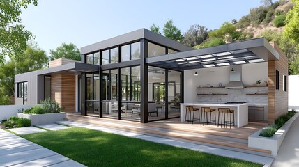 Fototapeta premium Modern House Exterior Design Luxury Home with Outdoor Kitchen and Glass Walls