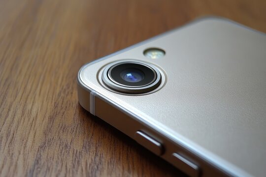 A Close-Up View of the Gold Smartphone Rear Camera Detail on Wooden Surface - Powered by Adobe
