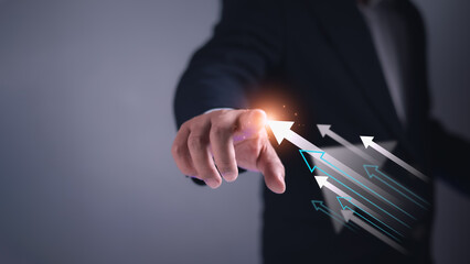 Business data analysis report with performance indicators, Economic growth chart graph, Businessman points finger at arrow graph showing business growth, Market research and strategic planning.