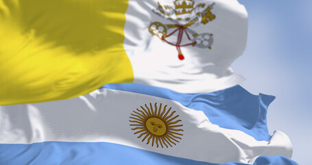 Vatican City and Argentina national flags waving outdoors. 3D render.
