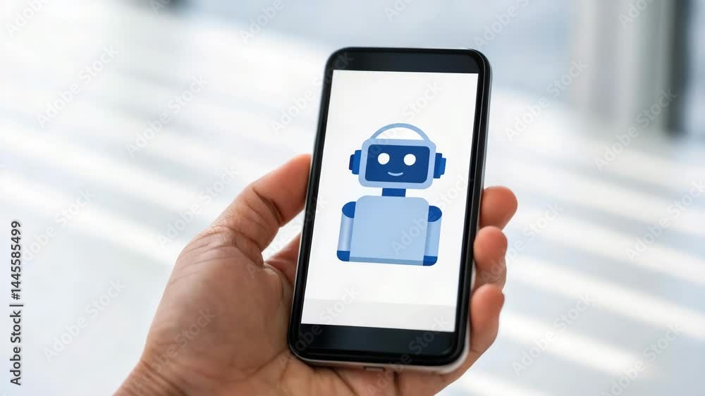 Poster a hand holds a smartphone displaying a friendly robot character, symbolizing technology and artifici