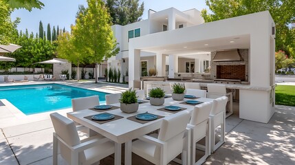 Fototapeta premium Modern Luxury Backyard with Pool Outdoor Dining and Built in BBQ