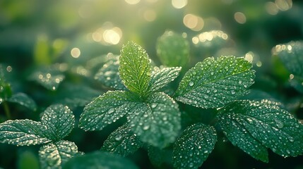 Vibrant green dew covered leaves nature photography lush plants eco fresh water drops macro scene