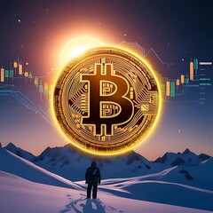 Golden Bitcoin Symbol in Winter Landscape with Digital Graph Overlay &ndash; Cryptocurrency, Blockchain, and Financial Technology Concept Art
