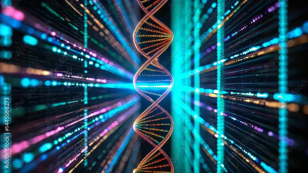 Poster abstract visualization of dna strands in vibrant colors and patterns.
