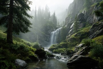 A light misty spray surrounds the waterfall, making it feel like a fairytale scene