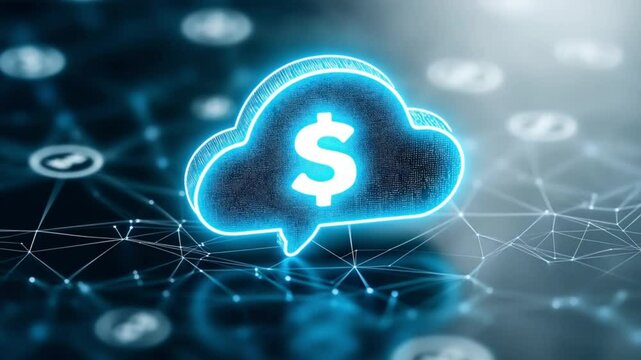 A glowing dollar sign cloud icon floats above a mesh of connected nodes on a luminous data background. Concept of cloud finance innovation and digital economy.