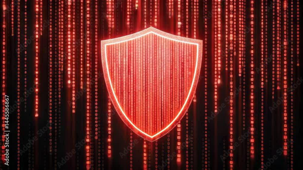 Poster a glowing firewall shield protecting against streams of red, symbolizing cybersecurity and digital d