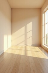 Sunlight streams through a large window illuminating a pristine empty room with light-colored wood flooring and pale walls, ready for interior design possibilities.
