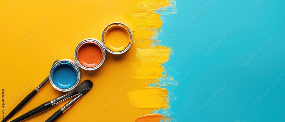 Aufkleber paintbrushes and paint splashes on colorful background. flat lay composition with copy space for art