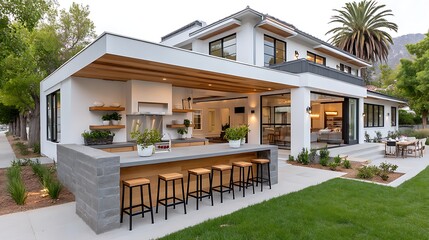Fototapeta premium Modern Outdoor Kitchen Design Luxury Home Backyard with Granite Countertop Bar Stools