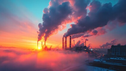Obraz premium Industrial smokestacks emit thick pollution into a colorful sky at sunset, highlighting the environmental impact of factories on air quality, Net Zero Emissions .