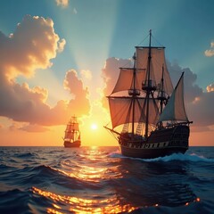 Three old ships sailing into the sunset on the open sea with sailboat, sunset, maritime