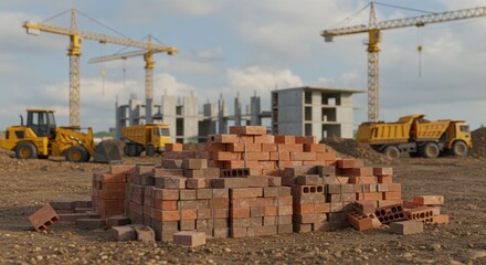 Fototapeta premium Construction Site with Stack of Bricks and Yellow Heavy Machinery Under Construction
