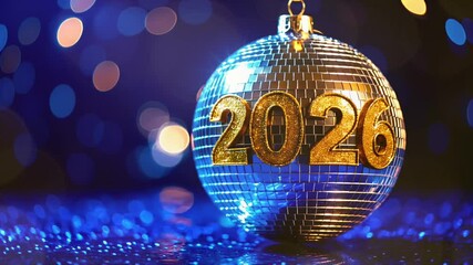 Happy new year 2026 disco ball slow zoom with copy space, composite of ai and real video - Powered by Adobe