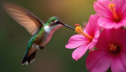 Tiny hummingbird's slender beak dips into honeysuckle's sweetness , bird, blossom