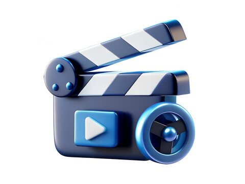3D Blue Clapperboard Icon with Play Button