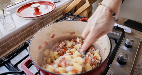 Hands, cooking and stirring in pot, closeup and healthy meal on gas stove, mixing and diet in kitchen. Fingers, person and nutrition in food, prepare ingredients and kitchenware or lunch at home