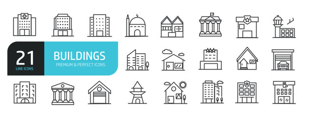 Set of line icons related to building, residential, proerty, landmark. Outline icons collection. Editable stroke. Vector illustration
