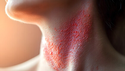 Fototapeta premium Close up view of skin rash red inflamed lesions and bumps on neck Medical dermatology