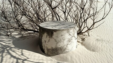 White Cylinder in Desert Sand with Sparse Shrubbery