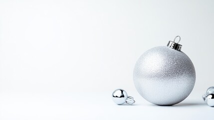 A large silver Christmas ornament with smaller ornaments on a white background, minimalist holiday decoration, and festive and elegant composition.