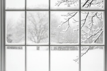 Snow-covered branches peek through a snow-laden windowpane, a winter wonderland scene.