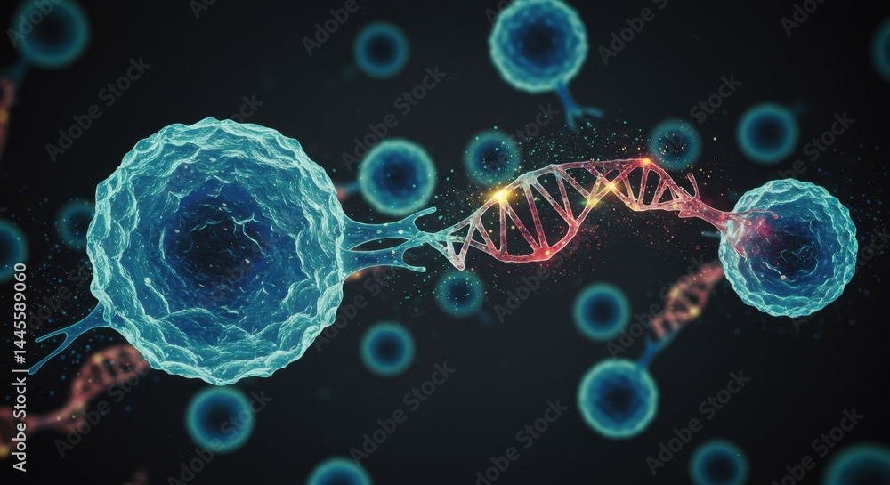 Aufkleber microscopic cellular structures dna transfer process visualization: advanced biomedical science illu