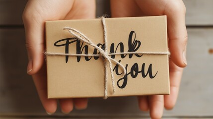 Person holding a gift box with the words "thank you" written on it