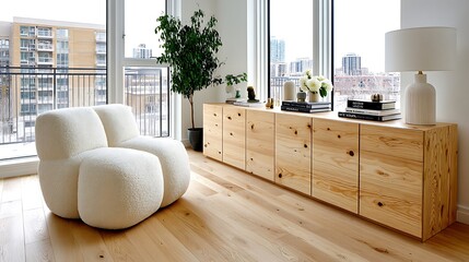 Modern Minimalist Living Room Interior Design Cozy White Sheepskin Chair Light Wood Cabinet and