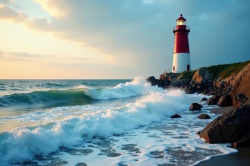 Obraz premium Towering lighthouse stands against Lake Michigan's waves, tower, wave