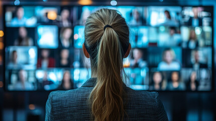 Over-the-shoulder view of a businesswoman observing a collage of people during a virtual meeting