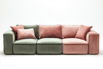 Modern modular sofa in dusty rose and sage green velvet, featuring plush cushions and a comfortable design.