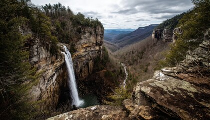 Obraz premium This cliff waterfall drops dramatically into the valley below, creating a stunning sight