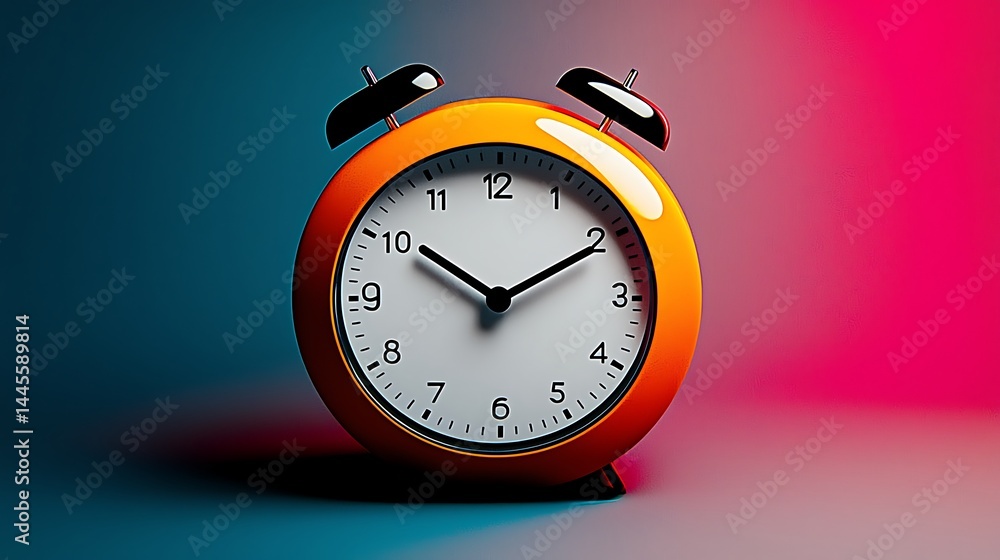 Poster vibrant orange alarm clock displaying 1010 against a gradient background with soft lighting