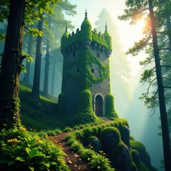Tower with vines covered tower surrounded by forest foliage and mist, tall trees and sunlight filtering through, nature, foliage