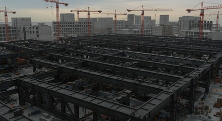 Fototapeta premium Massive Steel Structure Under Construction in Urban Landscape: A Bird's Eye View of Modern City Development