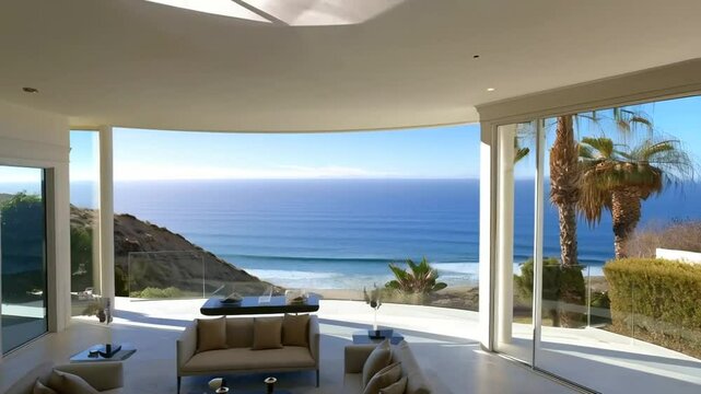 Luxury coastal home interior with ocean view in california and palm trees