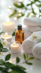 A tranquil spa scene with candles, essential oils, and rolled towels, white background