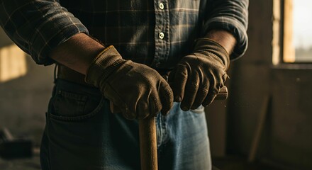 A gloved worker rests hands on a tool handle in a dimly lit workspace, wearing a flannel shirt and jeans, conveying labor and craftsmanship.